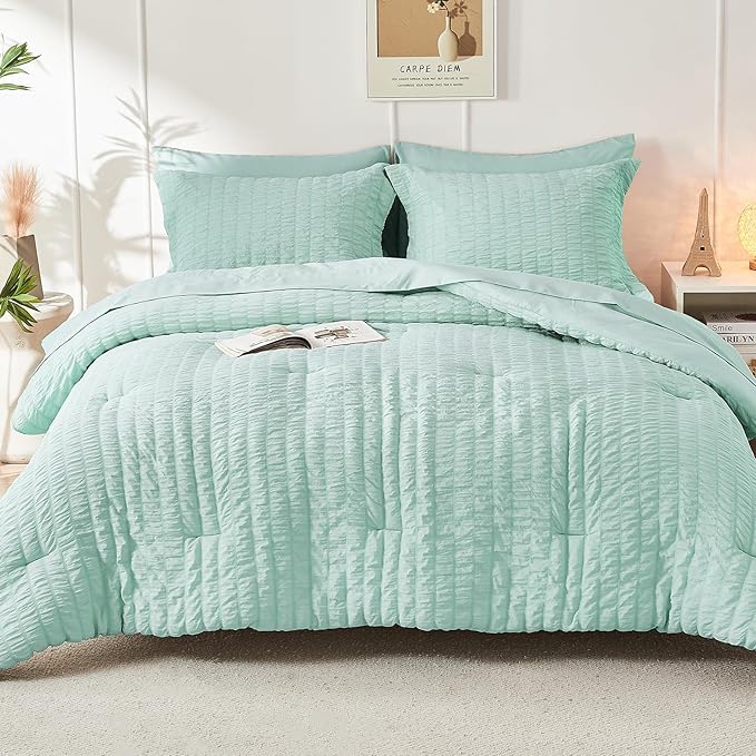 HYMOKEGE Seersucker Comforter Set Full Size 3 Pieces, Lightweight Comforter Sets for Bedding, Bed Set with 1 All Season Soft Down Alternative Comforter and 2 Pillow Shams, Sage Green - LeafyLoom
