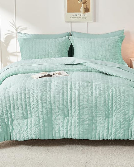 HYMOKEGE Seersucker Queen Comforter Set 3 Pieces, Lightweight Comforter Sets for Bedding, Bed Set with 1 All Season Soft Down Alternative Comforter and 2 Pillow Shams, Sage Green - LeafyLoom
