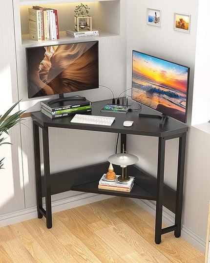 armocity Corner Desk Small Desk with Outlets Corner Table for Small Space, Corner Computer Desk with USB Ports Triangle Desk with Storage for Home Office, Workstation, Living Room, Bedroom, Black - LeafyLoom