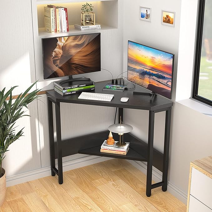 armocity Corner Desk Small Desk with Outlets Corner Table for Small Space, Corner Computer Desk with USB Ports Triangle Desk with Storage for Home Office, Workstation, Living Room, Bedroom, Black - LeafyLoom