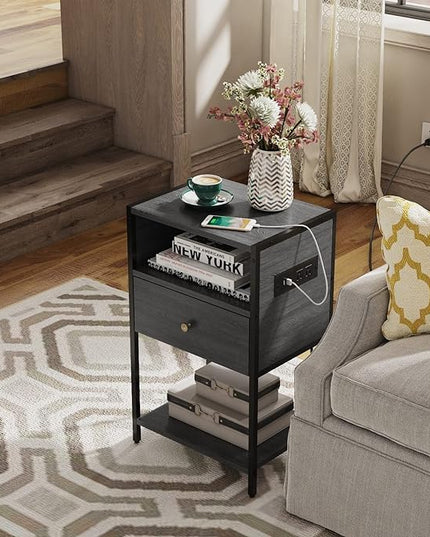 LDTTCUK Nightstand with Charging Station, Modern End Table with Drawer, Bedside Table with Open Storage for Bedroom, Grey - LeafyLoom