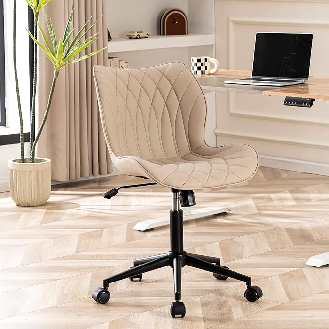 YOUNUOKE Office Desk Chair, Comfy Home Office Chairs, Small Comfortable Desk Chairs with Wheels, Armless PU Leather Chairs for Computer Conference, Khaki - LeafyLoom