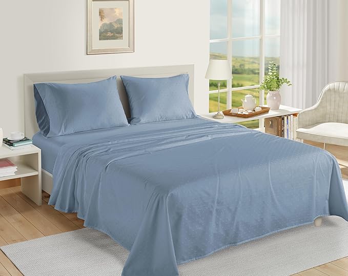 LANE LINEN Split King Sheets for Adjustable Beds - 1000 Thread Count 5PC Sheets Set, 100% Egyptian Cotton, Cool Breathable & Soft, 2 Fitted Fits Upto 16" Deep Pockets - Swiss Dot - French Blue - LeafyLoom