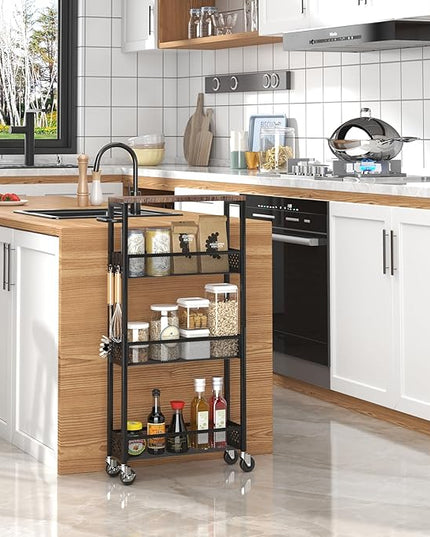 Slim Storage Cart 4 Tier Narrow Kitchen Rolling Cart on Wheels for Small Space, Mobile Utility Cart Shelving Unit with Wooden Top and Metal Handle for Kitchen, Bathroom, Laundry Room - LeafyLoom