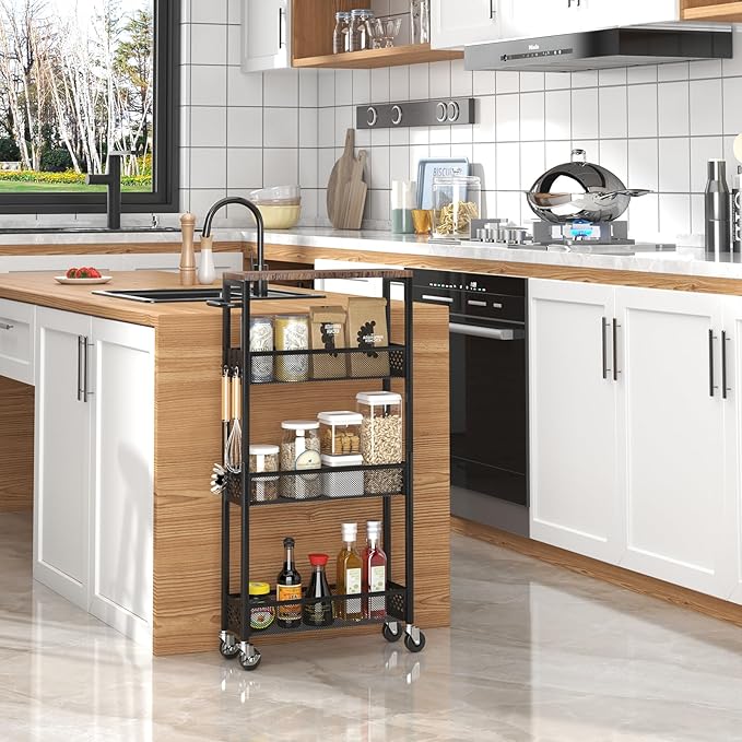 Slim Storage Cart 4 Tier Narrow Kitchen Rolling Cart on Wheels for Small Space, Mobile Utility Cart Shelving Unit with Wooden Top and Metal Handle for Kitchen, Bathroom, Laundry Room - LeafyLoom