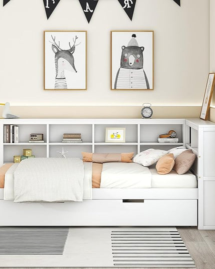 Wooden Twin Size DayBed with L-Shaped Bookcase Headboard and Trundle, Wood Twin Day Bed Frame with Storage Shelf and USB Charging Ports for Living Room Bedroom, White - LeafyLoom