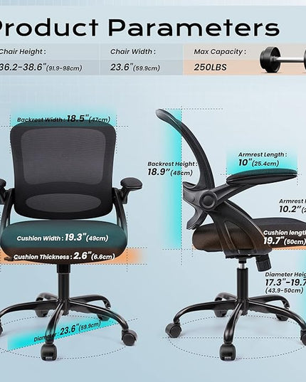 KERDOM Office Chair, Ergonomic Desk Chair, Mesh Computer Chair Height Adjustable, Comfy Swivel Task Chair with Wheels and Flip-up Arms - LeafyLoom