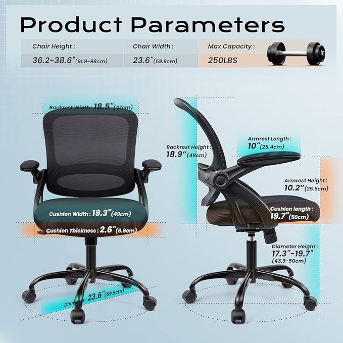 KERDOM Office Chair, Ergonomic Desk Chair, Mesh Computer Chair Height Adjustable, Comfy Swivel Task Chair with Wheels and Flip-up Arms - LeafyLoom