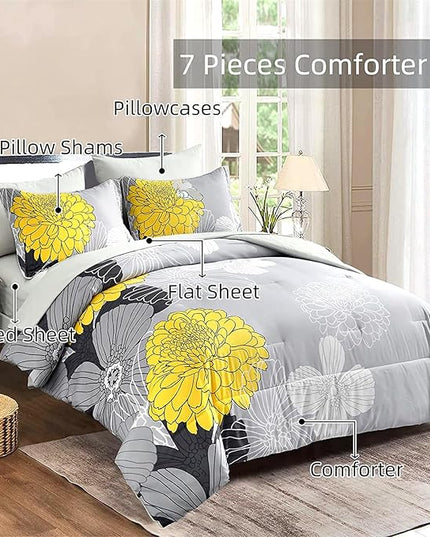 7 Pieces Bed in a Bag Comforter Set Yellow Floral Comforter Flowers Soft Microfiber Bedding Set King Size (1 Comforter 1 Flat Sheet 1 Fitted Sheet 2 Pillowshams 2 Pillowcases) - LeafyLoom