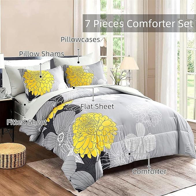7 Pieces Bed in a Bag Yellow Floral Comforter Set Flowers Comforter Sets Soft Microfiber Bedding Set Queen Size (1 Comforter 1 Flat Sheet 1 Fitted Sheet 2 Pillowshams 2 Pillowcases) - LeafyLoom