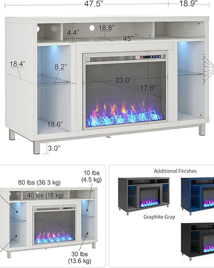 Ameriwood Home Lumina Fireplace TV Stand for TVs up to 48 Inch, Replaceable Electric Fireplace Insert Heater, Remote Control, Timer, Color Changing LED Lights, Crystal Ember Flames, White - LeafyLoom