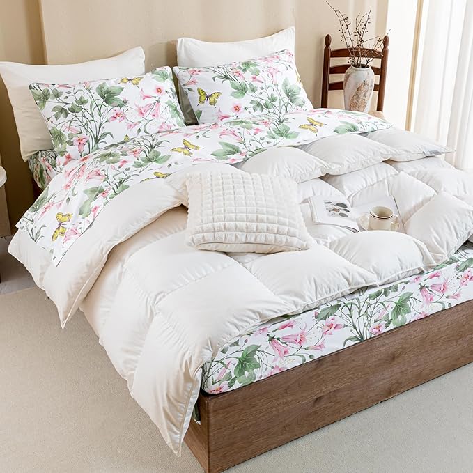 QSH Butterfly Bed Sheets Set Queen Size 100% Egyptian Cotton Sheet Wild Flower Leaves Printed Pattern Bedding Sheets Spring Floral Bedsheets Deep Pockets 4PCs - LeafyLoom