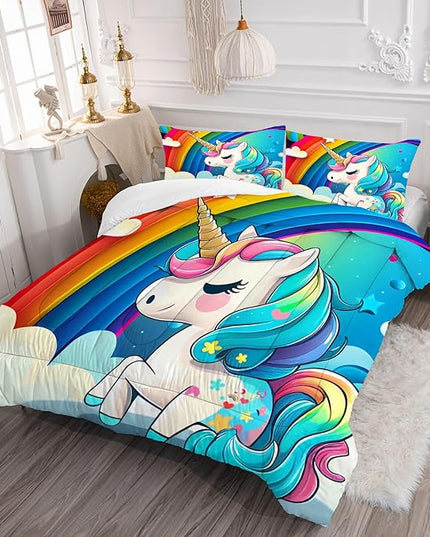 Rainbow Unicorn Bedding Sets Queen Size Comforter Set for Girls Kids Children Teens Boys Cartoon Unicorn Colorful Starry Blue Glitter Quilt 1 Comforter + 2 Pillow Cases - LeafyLoom