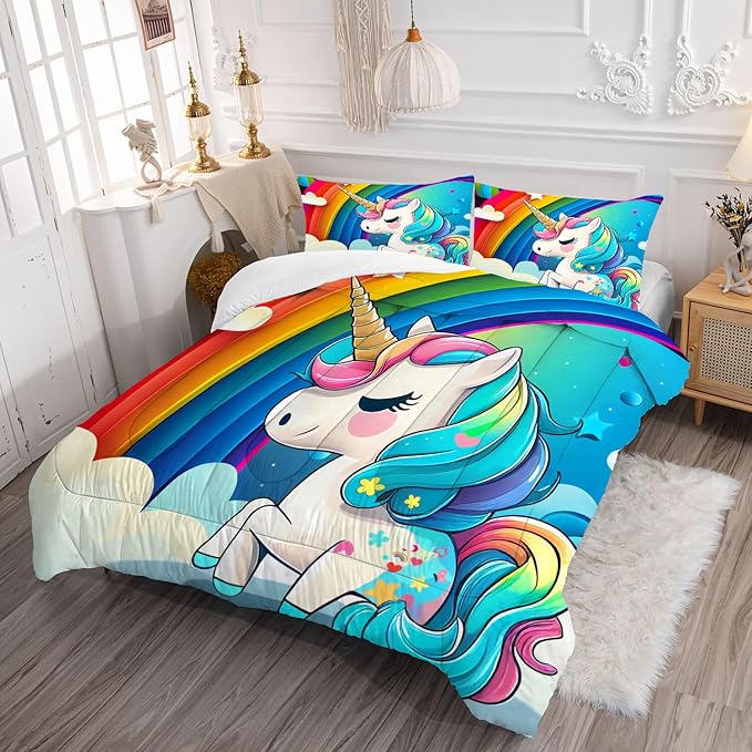 Rainbow Unicorn Bedding Sets Queen Size Comforter Set for Girls Kids Children Teens Boys Cartoon Unicorn Colorful Starry Blue Glitter Quilt 1 Comforter + 2 Pillow Cases - LeafyLoom