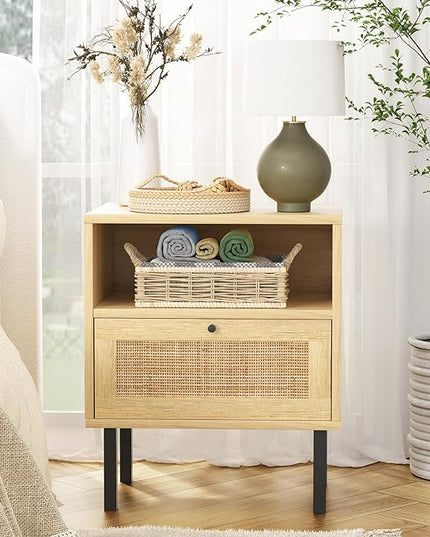 Rattan Nightstands Set of 2, Boho Night Stand with 1 Door, Accent End Table, Wood Bediside Table with Metal Legs&Open Shelf, Natural Wood - LeafyLoom
