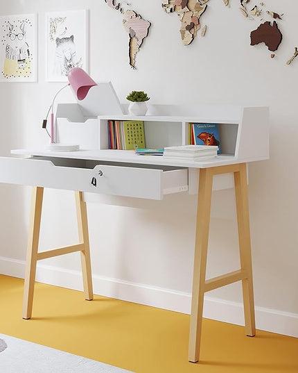 Roma Writing Desk - Elegant Wood Study Desk With Storage, Cable Holes & Drawers - Work Table for Home, Office, Dorm, Small Spaces - Compact Black Desk, 40x19x36.9” (white) - LeafyLoom