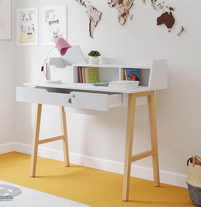 Roma Writing Desk - Elegant Wood Study Desk With Storage, Cable Holes & Drawers - Work Table for Home, Office, Dorm, Small Spaces - Compact Black Desk, 40x19x36.9” (white) - LeafyLoom