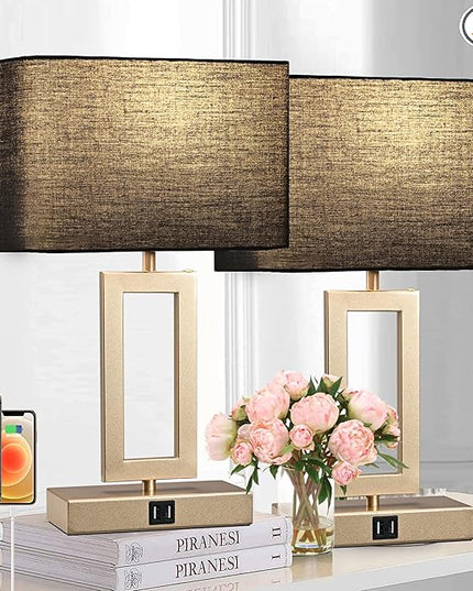 Black Table Lamps Set of 2 with Dual USB Ports,3-Way Dimmable Touch Control Bedside Lamps,Modern Bedroom Table Lamp for Living Room,Nightstand LED Bulbs Included - LeafyLoom