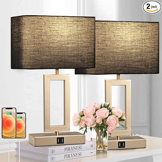Black Table Lamps Set of 2 with Dual USB Ports,3-Way Dimmable Touch Control Bedside Lamps,Modern Bedroom Table Lamp for Living Room,Nightstand LED Bulbs Included - LeafyLoom