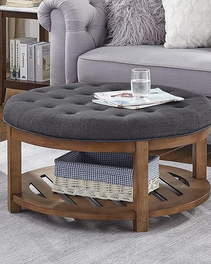 24KF Large Round Upholstered Tufted Linen Ottoman Coffee Table, Large Footrest Ottoman with Wood Shelf Storage-Charcoal - LeafyLoom