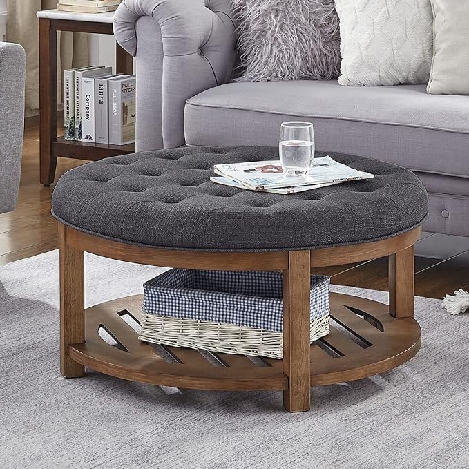 24KF Large Round Upholstered Tufted Linen Ottoman Coffee Table, Large Footrest Ottoman with Wood Shelf Storage-Charcoal - LeafyLoom