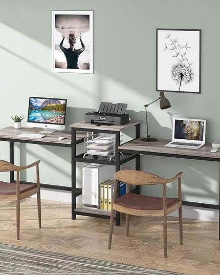 Tribesigns Extra Long Two Person Desk with Storage Shelves, 96.9 inch Double Computer Desks with Printer Shelf for 2 People, Rustic Writing Desk Workstation for Home Office - LeafyLoom