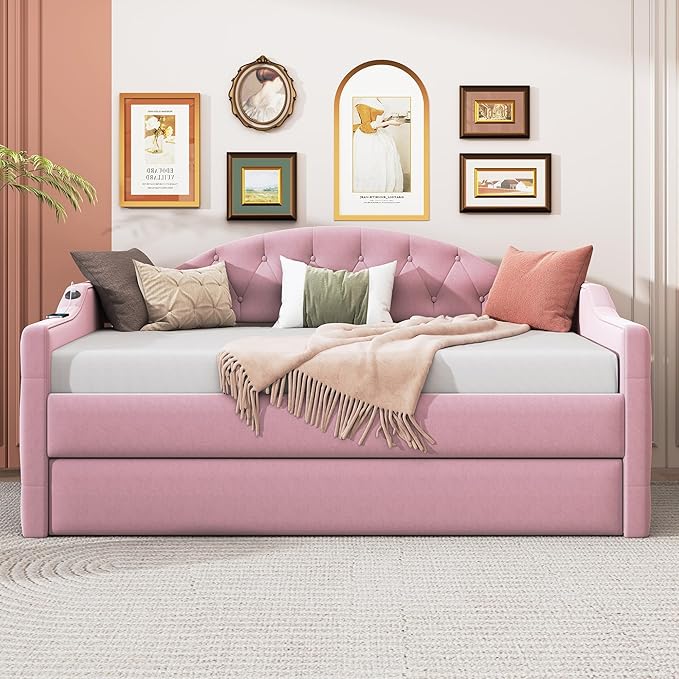 Twin Size Velvet Tufted Upholstered Daybed with Trundle, Modern Solid Wood Bed w/USB & Type-C Charging Ports, No Box-spring Needed, for Bedroom Living Room, Pink-1 - LeafyLoom