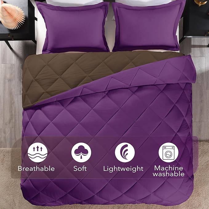 downluxe King Size Comforter Set - Purple and Brown King Comforter, Soft Bedding Comforter Sets for All Seasons, King Comforter Set - 3 Pieces - 1 Comforter (104"x92") and 2 Pillow Shams(20"x36") - LeafyLoom
