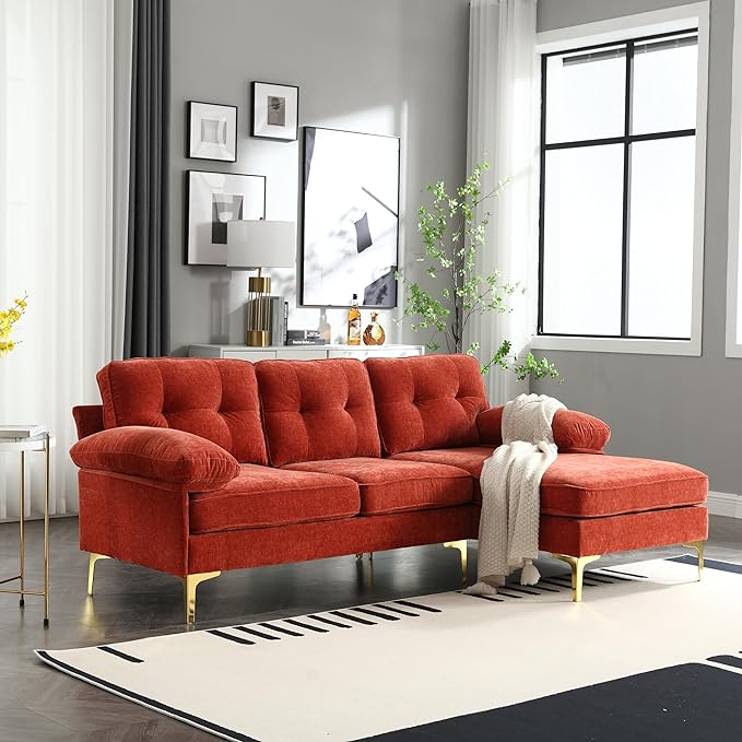 L Shaped Convertible Sleeper Sectional Sofa with Reversible Chaise, 3 Seater Corner Couch Bed with Detachable Pillow Armrest and Golden Metal Legs for Living Room Apartment Small Space - LeafyLoom