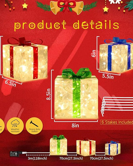 [Large 8.5"x7"x6" Christmas Set of 3 Lighted Gift Boxes Decorations Pre-lit 70 Super-Bright LED with Flashers,for Indoor Outdoor Christmas Tree Skirt Ornament Pathway Holiday Party Home GLOWNOVA