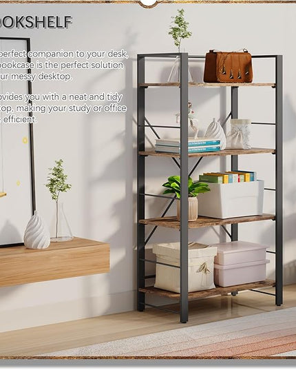 4NM Bookshelf 4 Tier Industrial Bookcase Home Office Adjustable Bookshelves Storage Shelves Organizer Vintage Book Shelf Display Rack for Living Room, Bedroom,Home - Rustic Brown - LeafyLoom