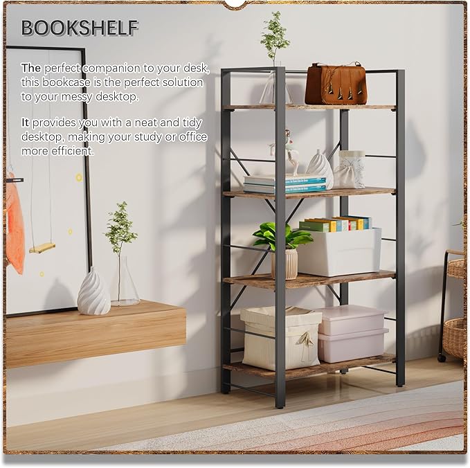 4NM Bookshelf 4 Tier Industrial Bookcase Home Office Adjustable Bookshelves Storage Shelves Organizer Vintage Book Shelf Display Rack for Living Room, Bedroom,Home - Rustic Brown - LeafyLoom