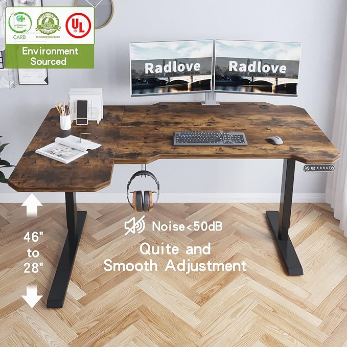 Radlove 59-Inch Large Electric Height Adjustable Computer L-Shaped Desk with Memory Controller Corner Standing Desk Modern Workstation with Splice Board Ergonomic Desk (Black Frame + Rustic Brown Top) - LeafyLoom