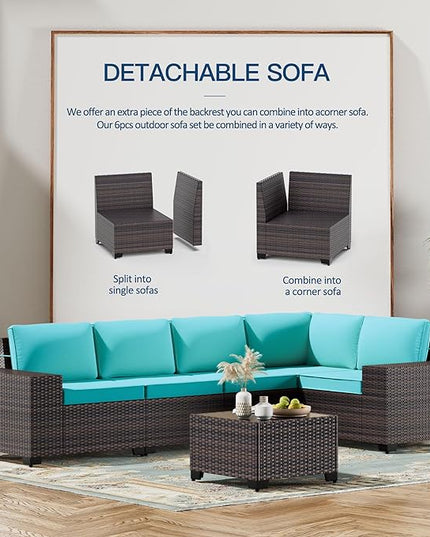Kullavik 6PCS Outdoor Patio Furniture Set PE Wicker Rattan Sectional Sofa Patio Conversation Sets,Blue - LeafyLoom