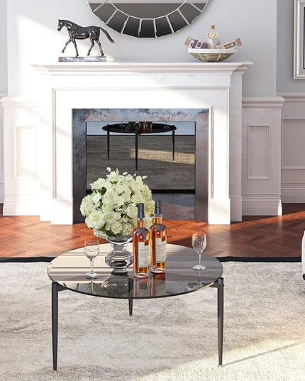 Round Tempered Glass Table: 31.5 inch Large Circle Top Storage Shelf with Metal Frame, Modern Coffee Table Center Desk Luxury Furniture for Living Room, Grey - LeafyLoom