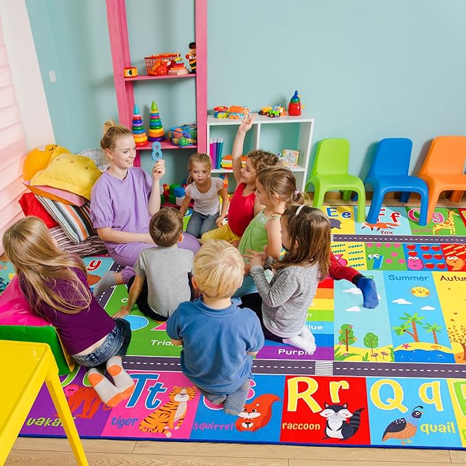 HOMORE Kids Educational Rug, 5x7 Kids Collection Area Rug for Learning Alphabet, Numbers, Colors, Season and Animal Words, Playmat for Classroom Playroom - LeafyLoom