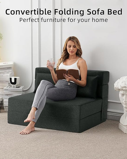 Convertible Folding Sofa Bed - Sleeper Chair with Pillow, Modern Linen Fabric Floor & Futon Couch, Foldable Mattress for Living Room/Dorm/Guest/Home Office/Apartment, Standard Size, Dark Gray - LeafyLoom