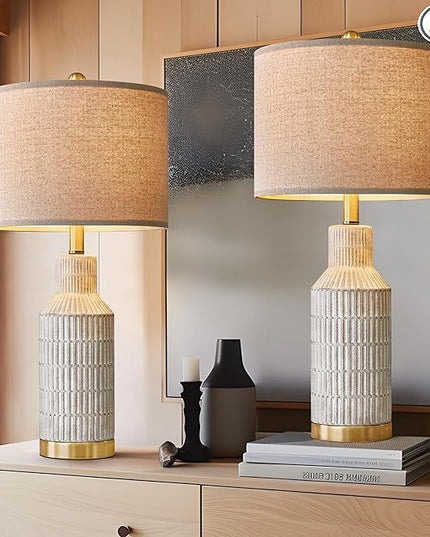 25" Table Lamps Set of 2 - Bedside Lamps - Modern Lamps for Living Room - White Washed Ceramic Bedroom Lamps Set of 2 - Nightstand Lamps - LeafyLoom