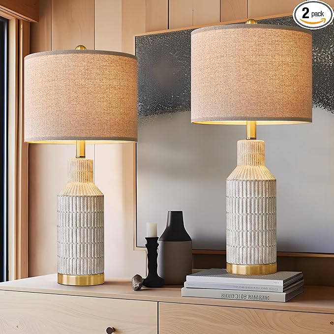 25" Table Lamps Set of 2 - Bedside Lamps - Modern Lamps for Living Room - White Washed Ceramic Bedroom Lamps Set of 2 - Nightstand Lamps - LeafyLoom
