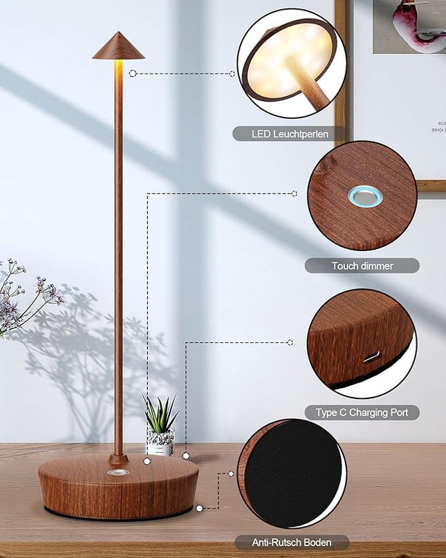 Cordless Table Lamps Rechargeable, 6000mAh Battery Operated LED Desk Lamp Outdoor Waterproof Portable Touch Dimmable Table Light for Patio Restaurant Dining Home Wood Grain - LeafyLoom