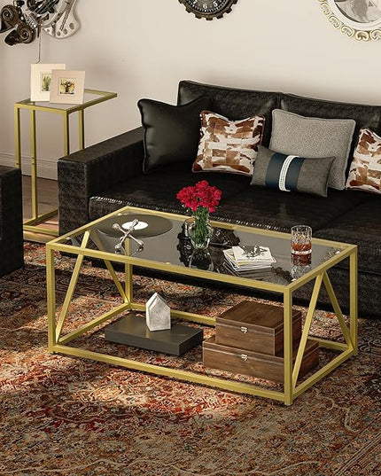 HOOBRO Glass Coffee Table, Gold Coffee Tables for Living Room, Gold Glass Coffee Table,1 Layer Center Table, Modern, for Apartment, Office, 39.4 x 19.7 x 17.7 Inches, Easy Assembly, Golden GD04KF01 - LeafyLoom