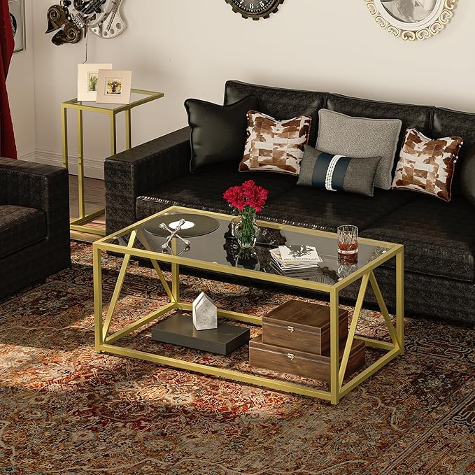 HOOBRO Glass Coffee Table, Gold Coffee Tables for Living Room, Gold Glass Coffee Table,1 Layer Center Table, Modern, for Apartment, Office, 39.4 x 19.7 x 17.7 Inches, Easy Assembly, Golden GD04KF01 - LeafyLoom