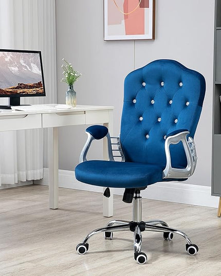 Vinsetto Home Office Chair, Velvet Computer Chair, Button Tufted Desk Chair with Swivel Wheels, Adjustable Height, and Tilt Function, Blue - LeafyLoom