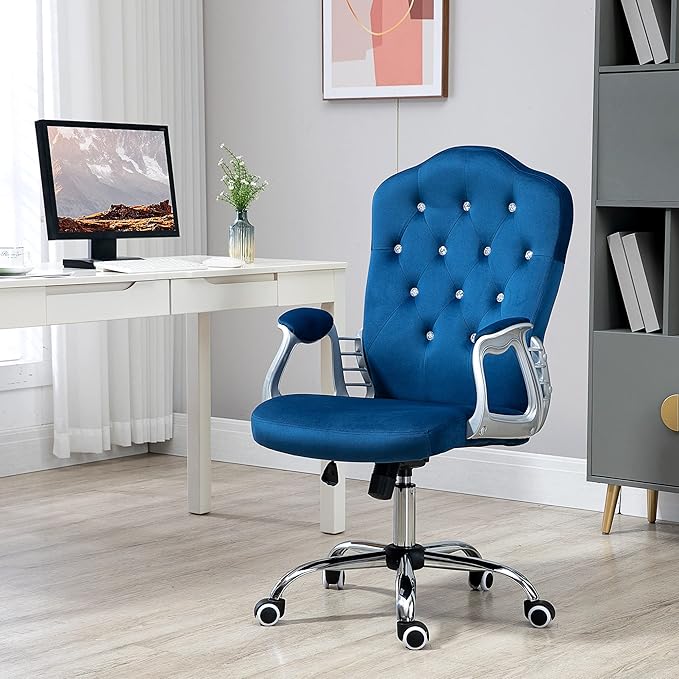 Vinsetto Home Office Chair, Velvet Computer Chair, Button Tufted Desk Chair with Swivel Wheels, Adjustable Height, and Tilt Function, Blue - LeafyLoom