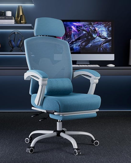 MCQ Office Computer Desk Chair, Gaming Chairs for Adults, High-Back Mesh Rolling Swivel Reclining Chairs with Wheels, Comfortable Lumbar Support, Comfy Arms for Home, Office, Gaming, Student, Blue - LeafyLoom