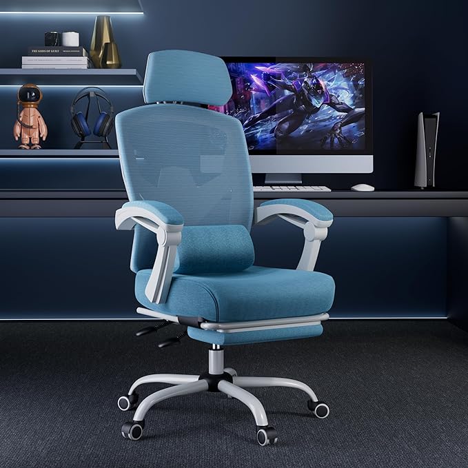 MCQ Office Computer Desk Chair, Gaming Chairs for Adults, High-Back Mesh Rolling Swivel Reclining Chairs with Wheels, Comfortable Lumbar Support, Comfy Arms for Home, Office, Gaming, Student, Blue - LeafyLoom