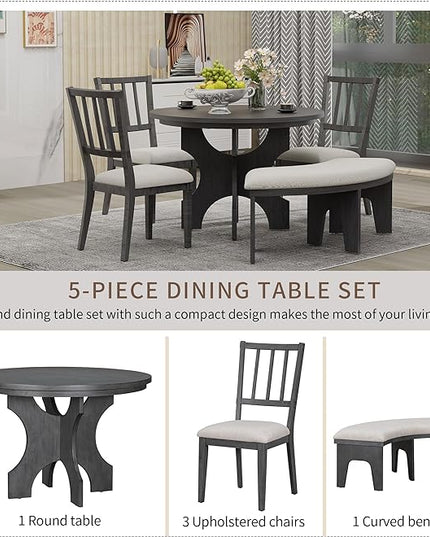 Retro 5 Piece Set with 44" Round Table with 1 Curved Bench & 3 Chairs, Rubber Wood, Easy Assembly and Clean, for Dining Room, Kitchen, Small Spcae, Grey 33 - LeafyLoom