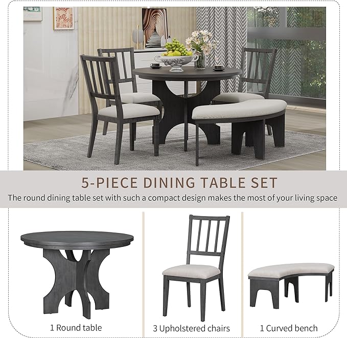 Retro 5 Piece Set with 44" Round Table with 1 Curved Bench & 3 Chairs, Rubber Wood, Easy Assembly and Clean, for Dining Room, Kitchen, Small Spcae, Grey 33 - LeafyLoom