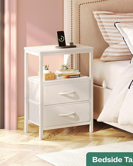Nightstands Set of 2, End Tables with Charging Station, Side Tables with Fabric Drawers, Bedside Tables with USB Ports and Outlets, Night Stands for Bedroom, White - LeafyLoom