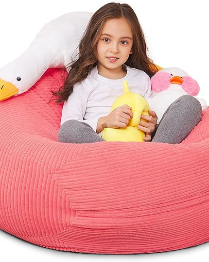 Stuffed Animal Storage Bean Bag Chair Cover for Kids, 38" Beanbag Chairs Cover Plush Toys Organizer Super Soft Corduroy with Handle and Zipper for Boys and Girls - Pink - LeafyLoom